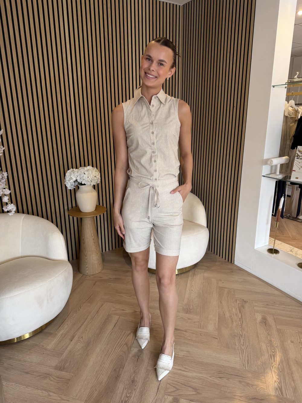 Mi Piace - Blouse Sleeveless Linnen Structure Print - Latte | Morgen in huis!