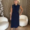 Triple Nine – Dress long cut sleeves with rouches and belt – Navy