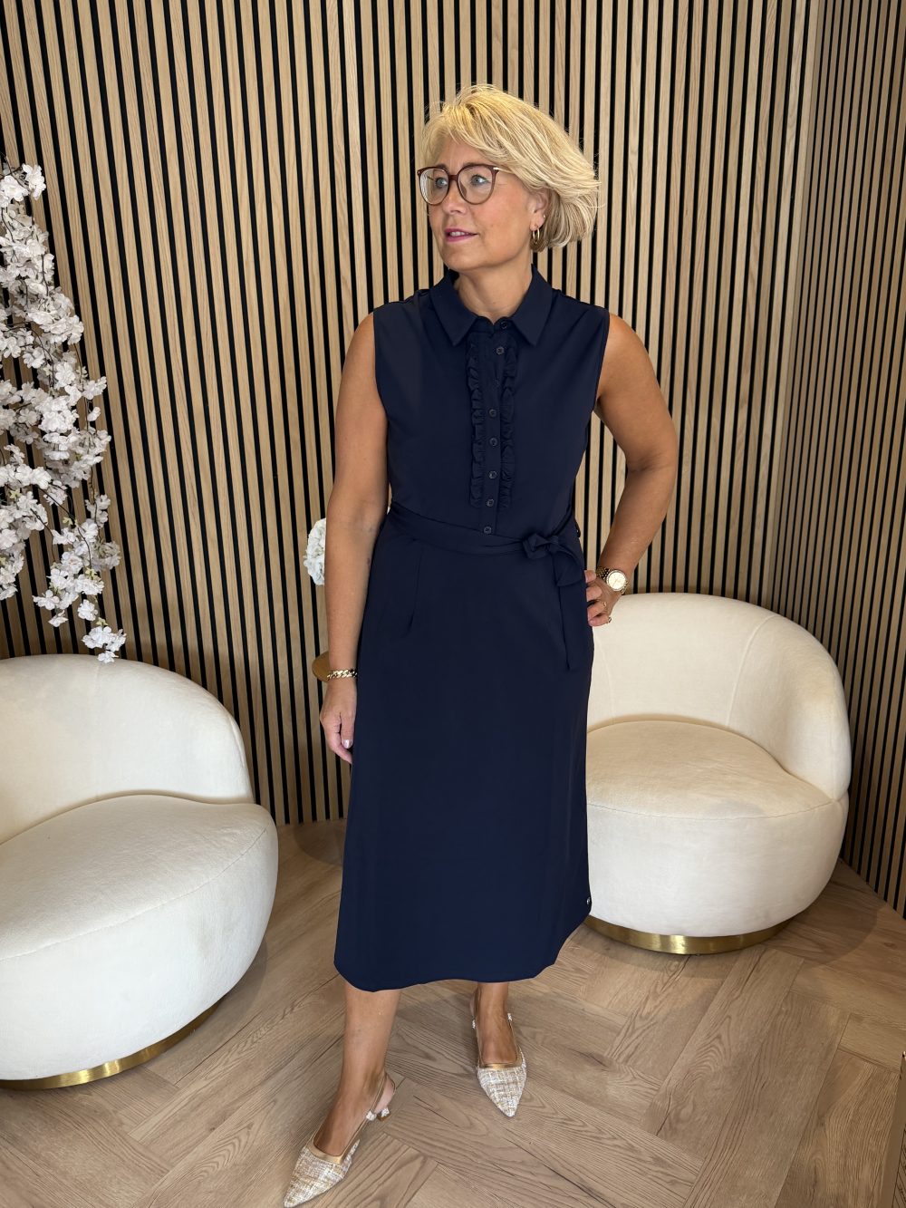 Triple Nine – Dress long cut sleeves with rouches and belt – Navy