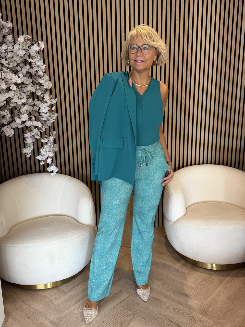Mi Piace - Trousers Straight Linnen Structure Print - Everglade