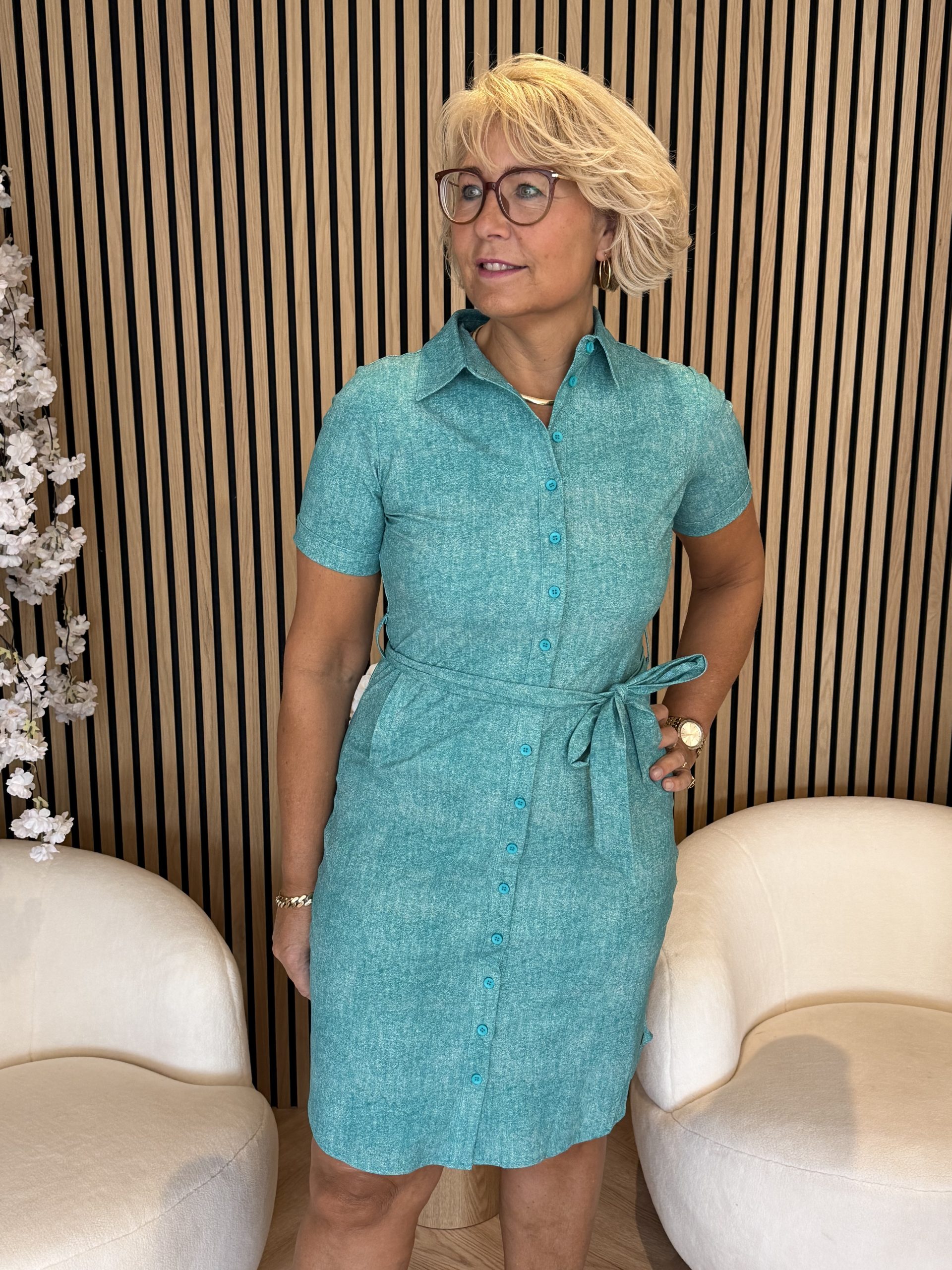 Mi Piace - Dress Short Sleeves Linnen Structure Print - Everglade