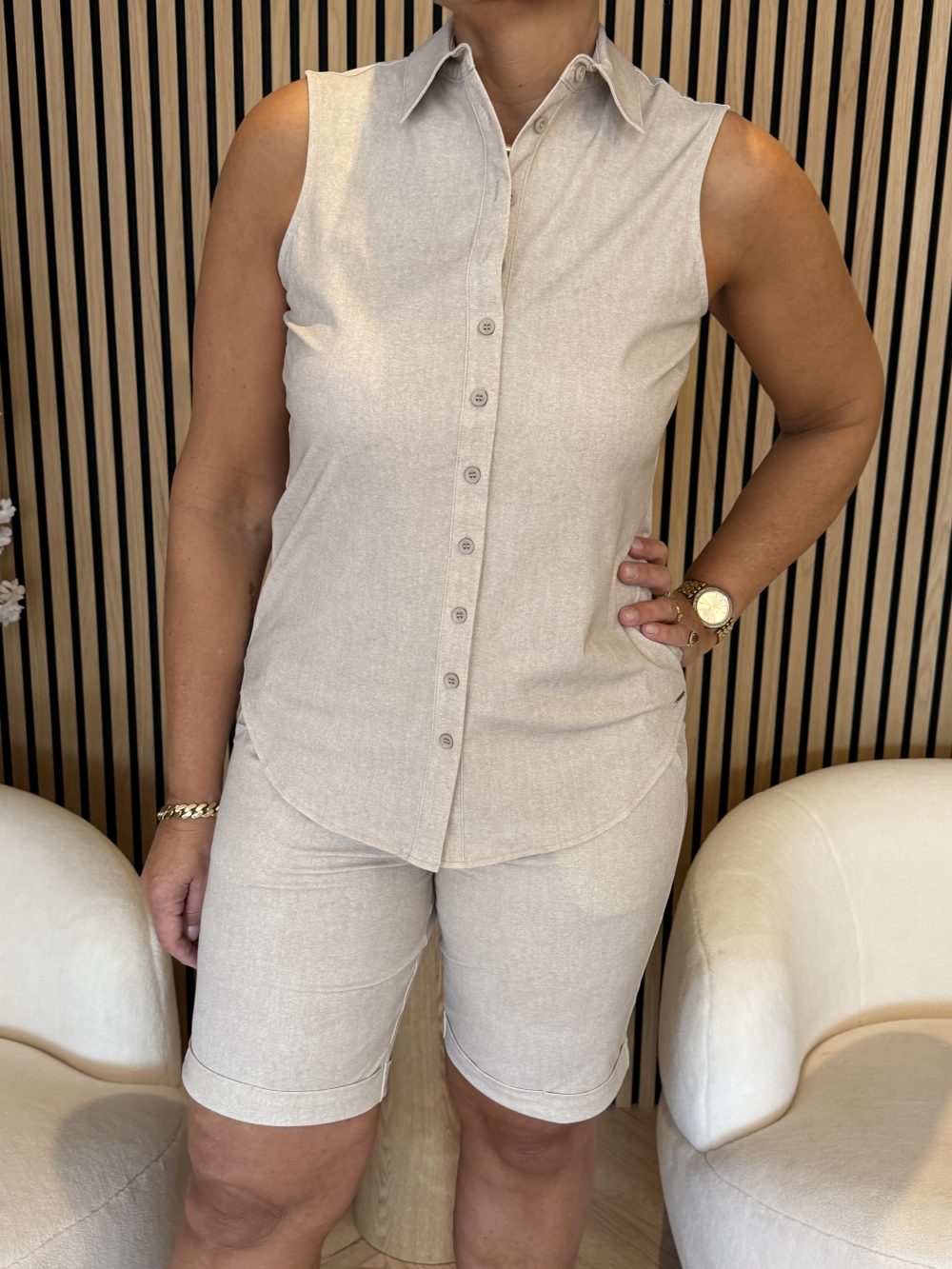 Mi Piace - Blouse Sleeveless Linnen Structure Print - Latte
