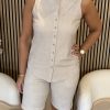 Mi Piace - Blouse Sleeveless Linnen Structure Print - Latte