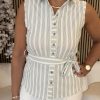 Triple Nine - Blouse cut sleeves with stripes and belt - Sage green