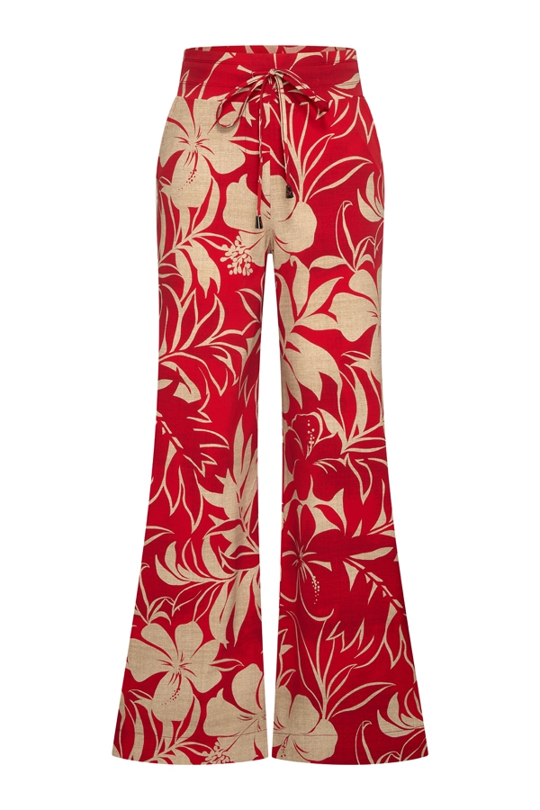 Mi Piace - Trousers Straight Tropical Hibiscus Print - Red