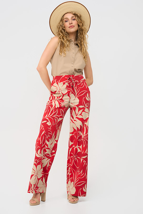 Mi Piace - Trousers Straight Tropical Hibiscus Print - Red