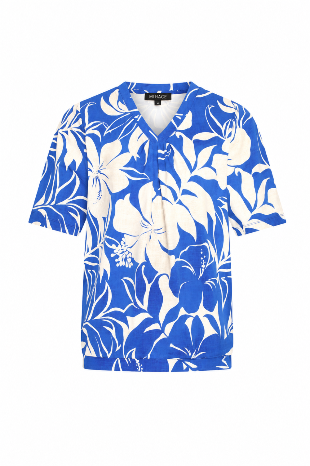 Mi Piace - Top V Neck Pleated Short Sl.Tropical Hibiscus Print - Nautic Blue