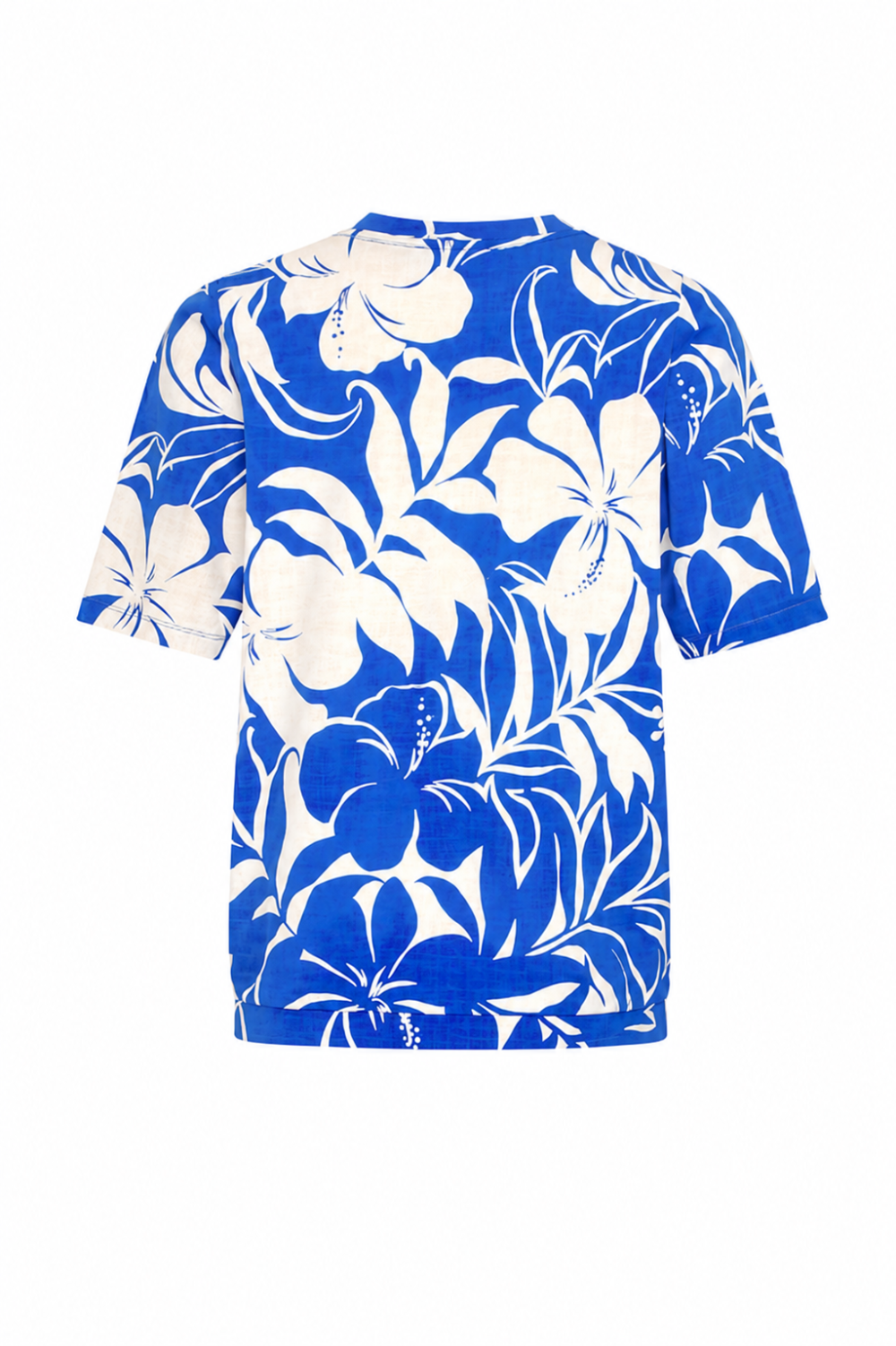 Mi Piace - Top V Neck Pleated Short Sl.Tropical Hibiscus Print - Nautic Blue