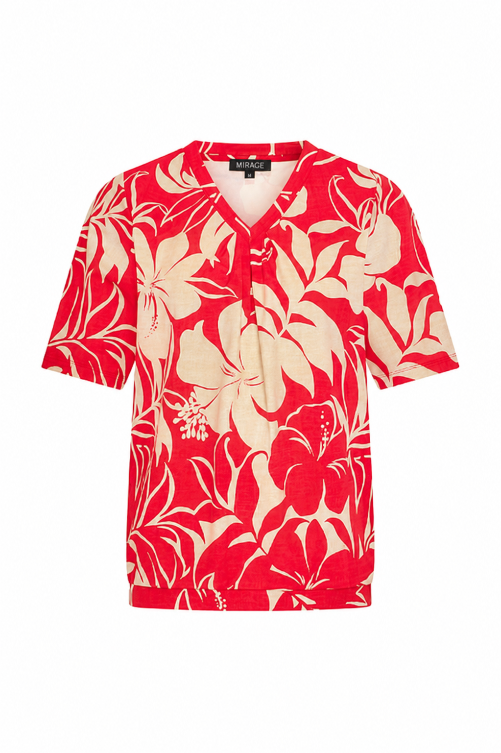 Mi Piace - Top V Neck Pleated Short Sl.Tropical Hibiscus Print - Red