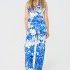 Mi Piace - Trousers Straight Tropical Hibiscus Print - Nautic Blue