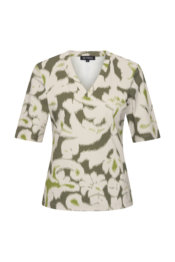Mi Piace - T Shirt V Neck Ikat Ornaments Print - Olive