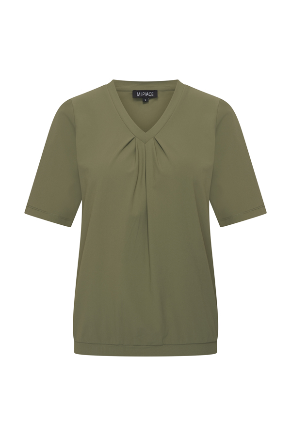 Mi Piace - Top V Neck Pleated Short Sl.- Olive