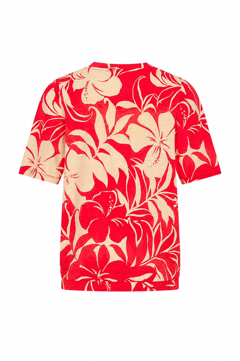 Mi Piace - Top V Neck Pleated Short Sl.Tropical Hibiscus Print - Red