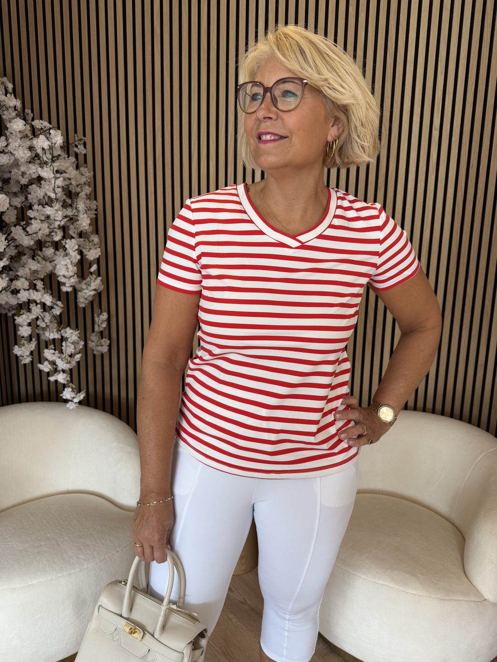 Piace - T-shirt V Hals Stripe Travel - Red | Off W.