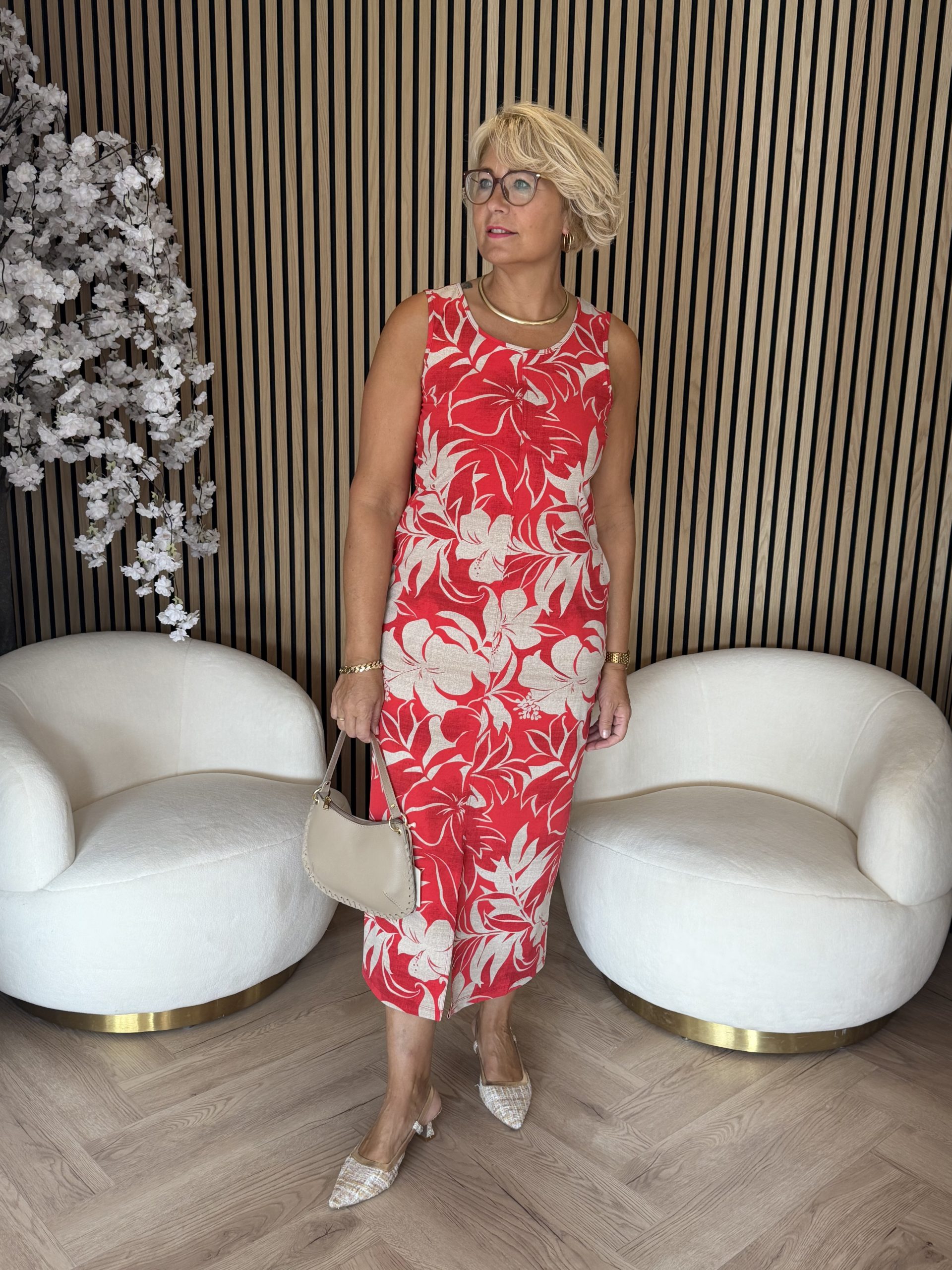 Mi Piace – Singlet Dress Tropical Hibiscus Print – Red