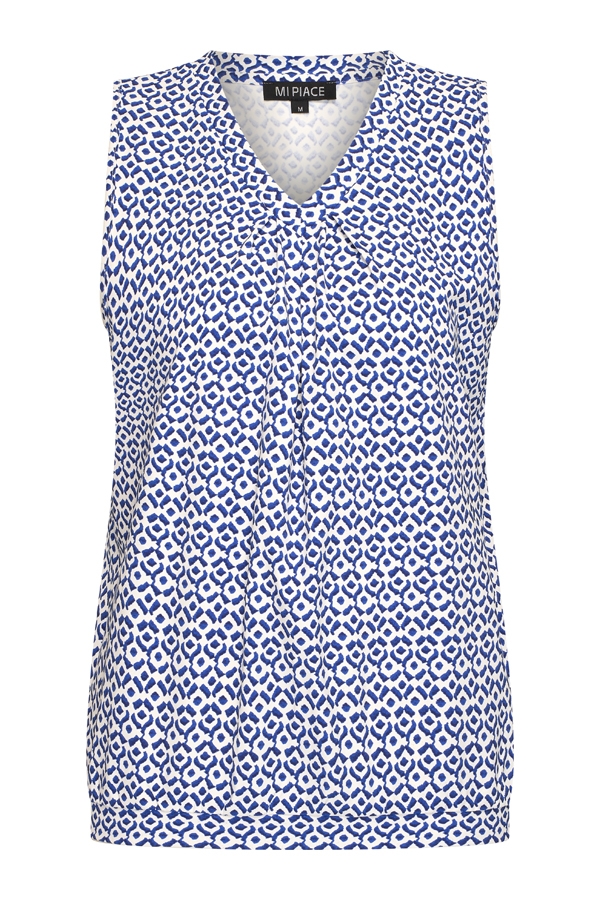 Mi Piace - Top V Neck Pleated Minimal Print - Nautic Blue