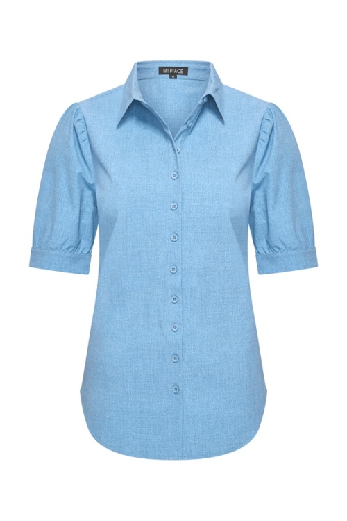 Mi Piace - Blouse Puff Sleeve Denim Print - Bleached Denim