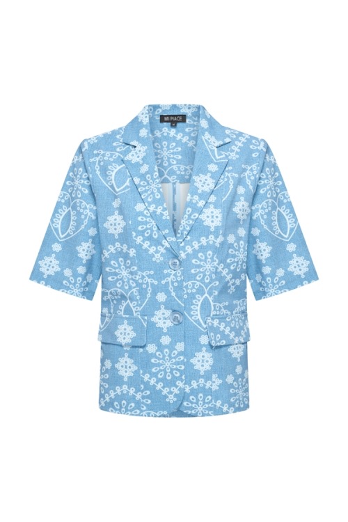 Mi Piace - Blazer Short Sleeve Denim Embroidery Print - Bleached Denim
