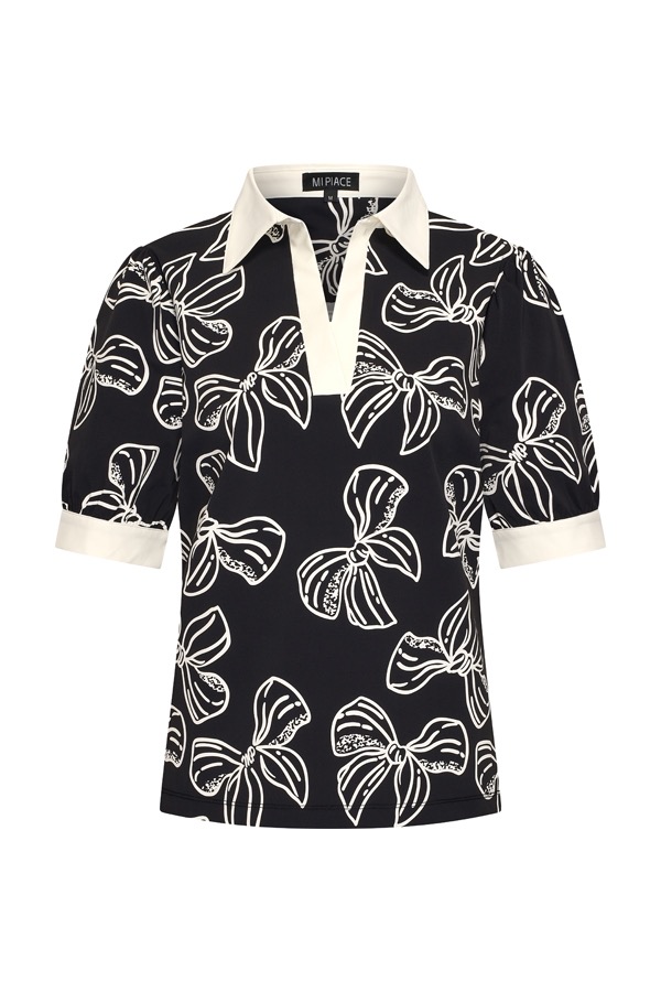 Polo Top Puff Sleeves Bow Print - Dark Blue | Off White