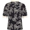 Polo Top Puff Sleeves Bow Print - Dark Blue | Off White