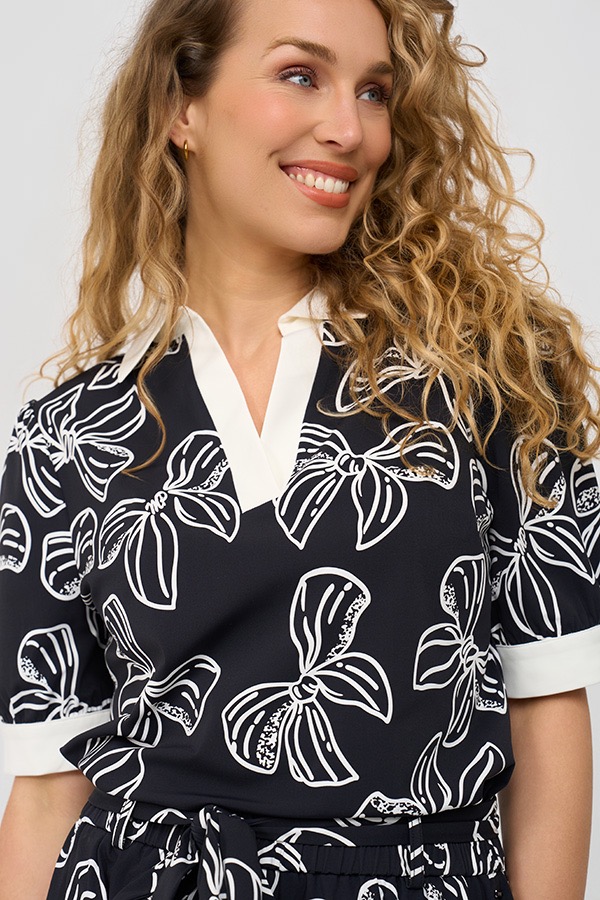 Polo Top Puff Sleeves Bow Print - Dark Blue | Off White