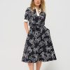 Polo Top Puff Sleeves Bow Print - Dark Blue | Off White