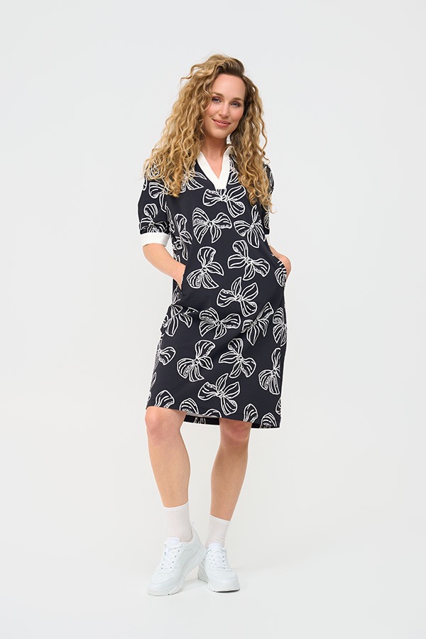 Mi Piace - Polo Dress Puff Bow Print - Dark Blue | Off White