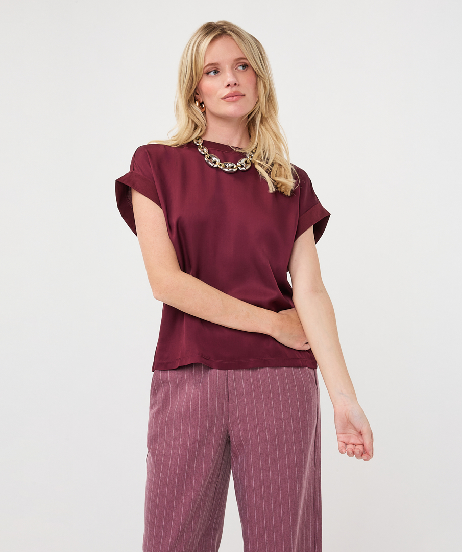 EsQualo - T-shirt roll up slve satin - Merlot