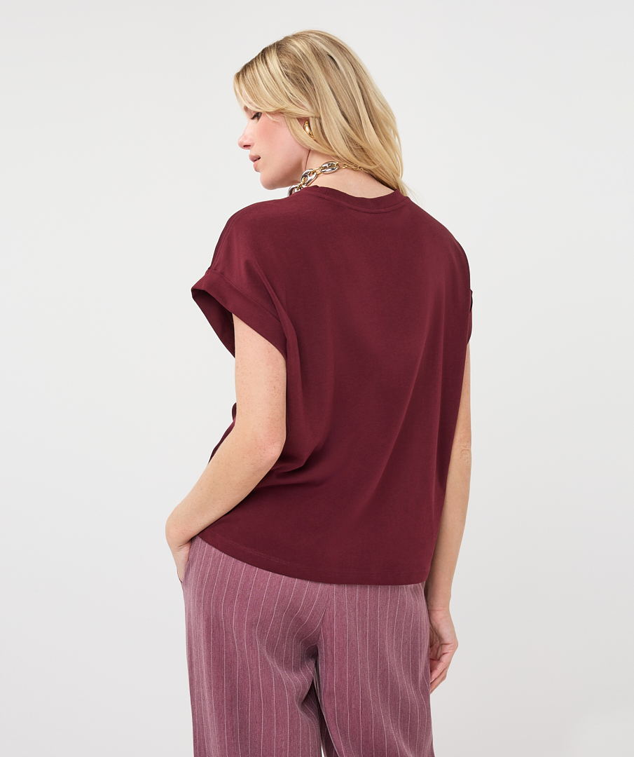 EsQualo - T-shirt roll up slve satin - Merlot
