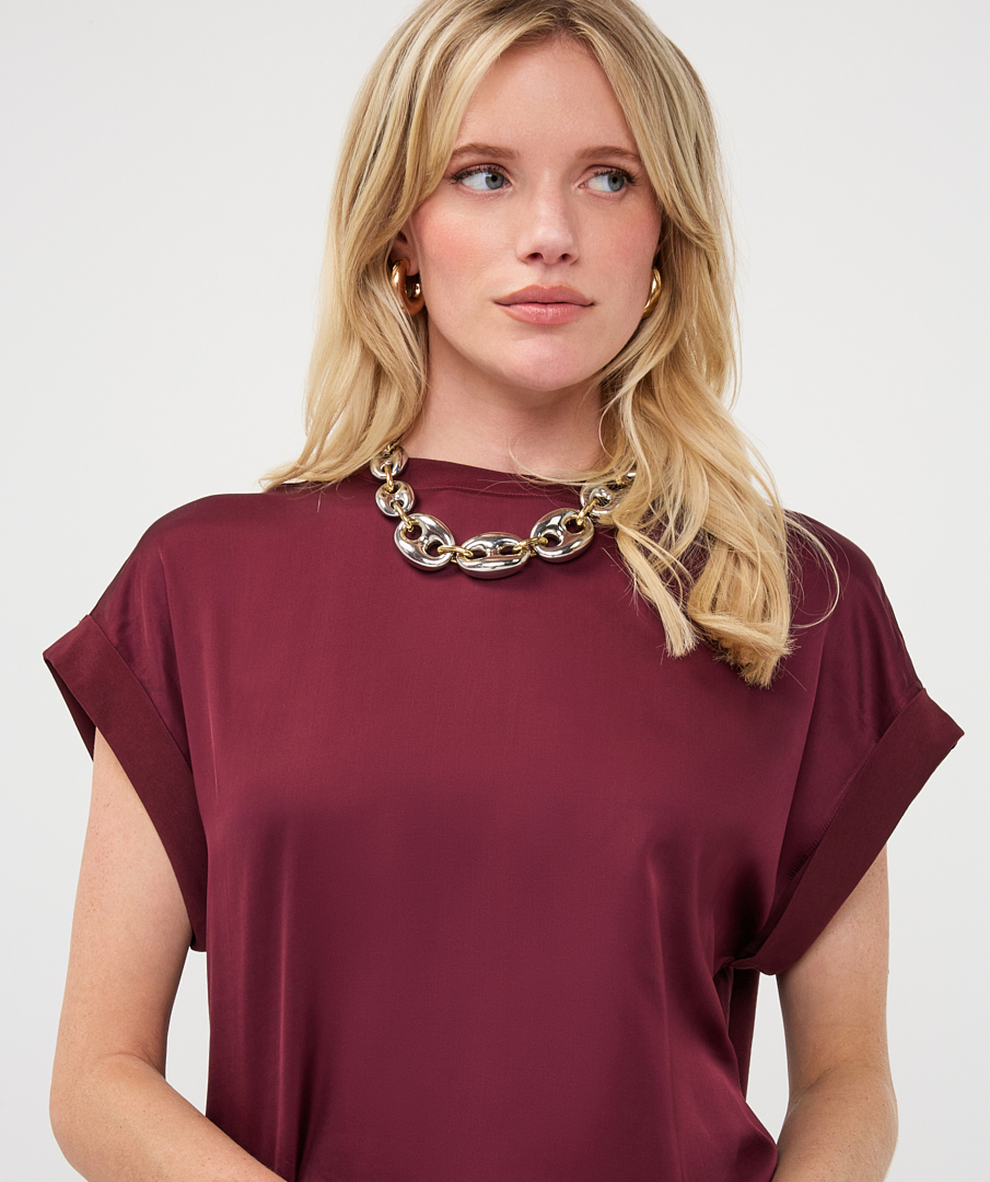 EsQualo - T-shirt roll up slve satin - Merlot
