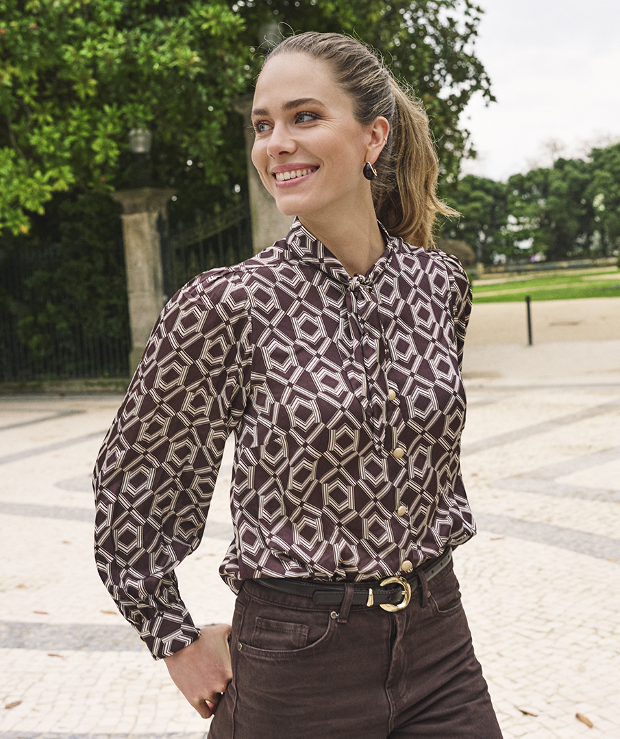 EsQualo - Blouse short bow Warm Cacao - Print