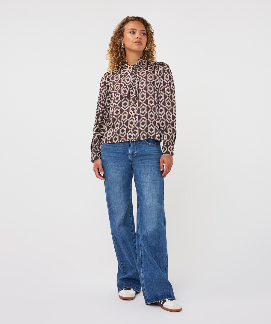 EsQualo - Blouse short bow Warm Cacao - Print