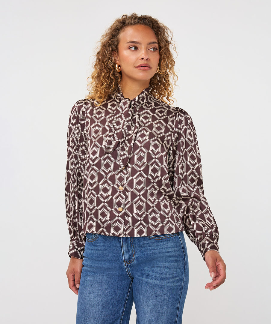 EsQualo - Blouse short bow Warm Cacao - Print