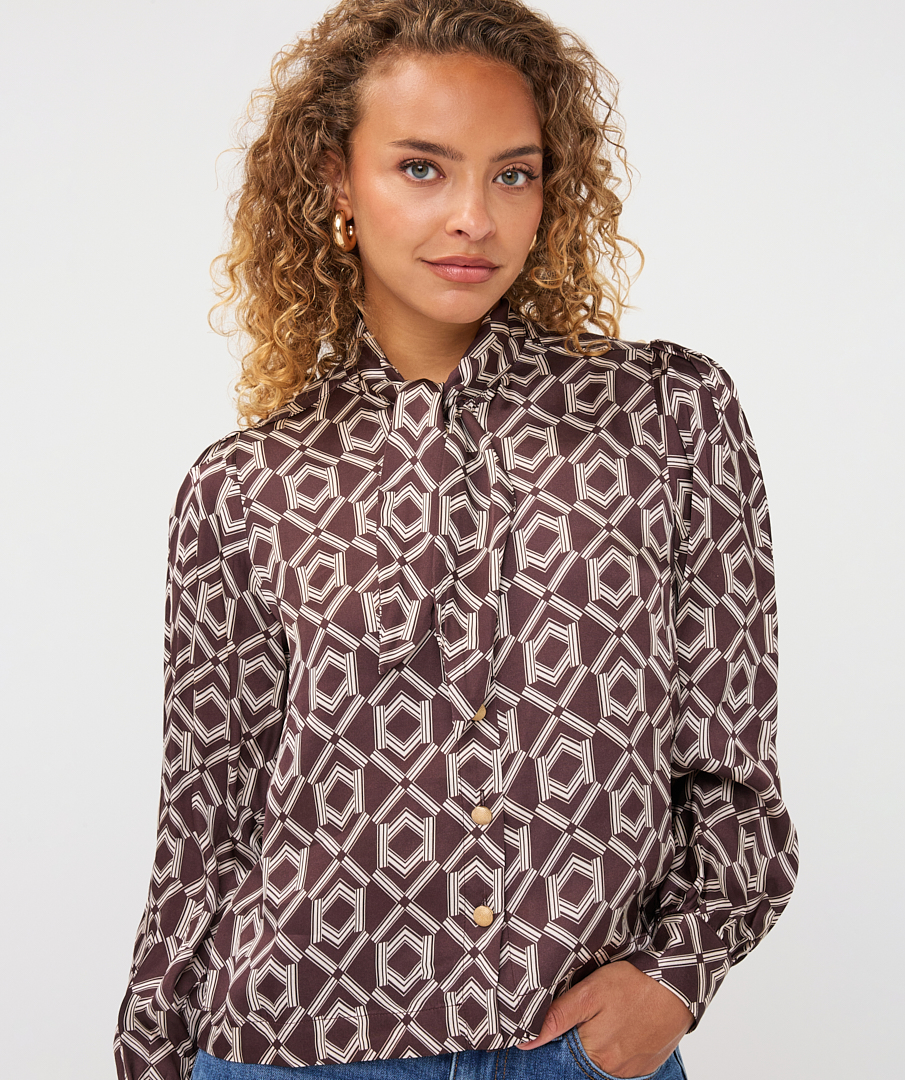 EsQualo - Blouse short bow Warm Cacao - Print