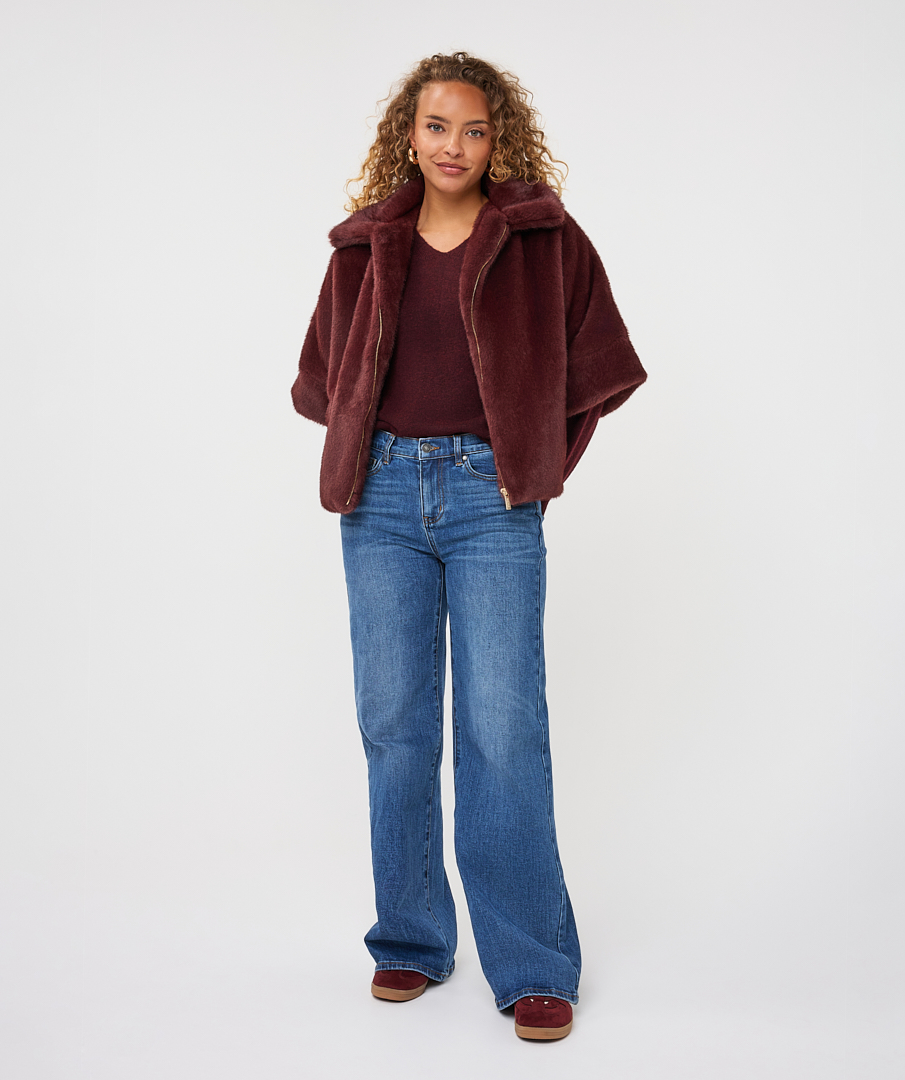 EsQualo - Coat poncho fake fur - Merlot