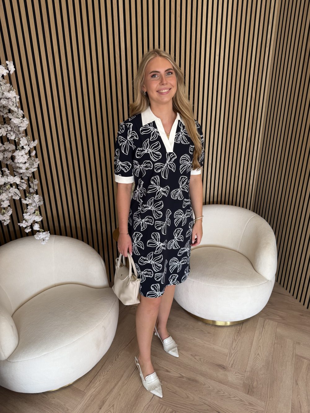 Mi Piace - Polo Dress Puff Bow Print - Dark Blue | Off White | Morgen in huis!