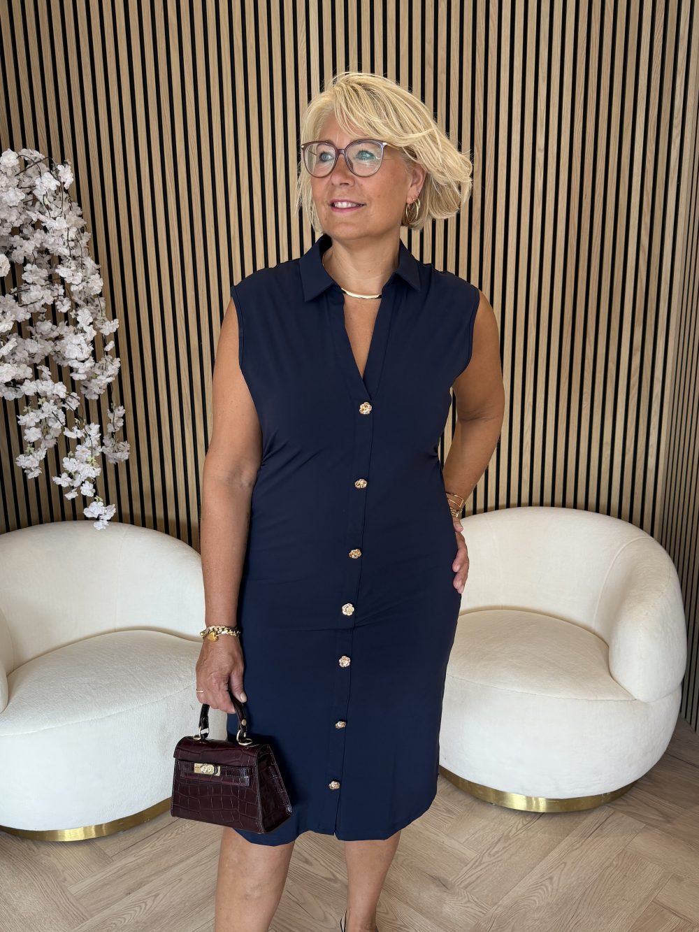 Triple Nine - Dress Long Cut Sleeves With Gold Buttons - Navy