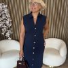 Triple Nine - Dress Long Cut Sleeves With Gold Buttons - Navy