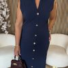 Triple Nine - Dress Long Cut Sleeves With Gold Buttons - Navy